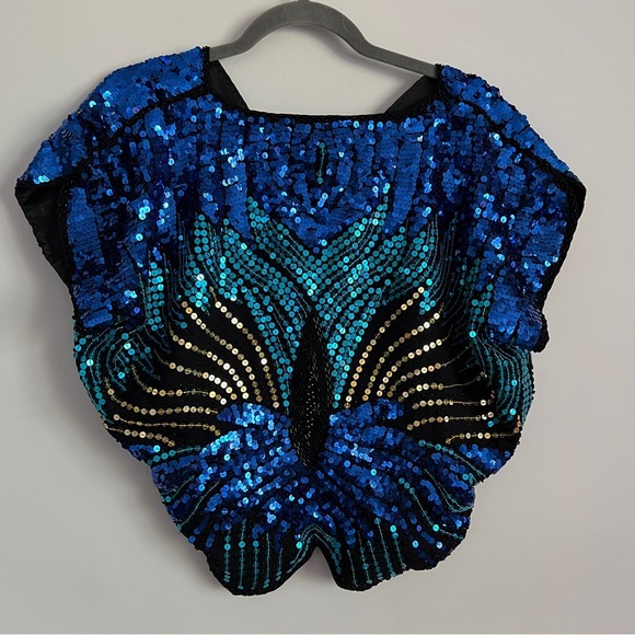 Vintage 1980s Sequin Butterfly Top Batwing Dolman Sleeve Hand Embroidered - Picture 4 of 7